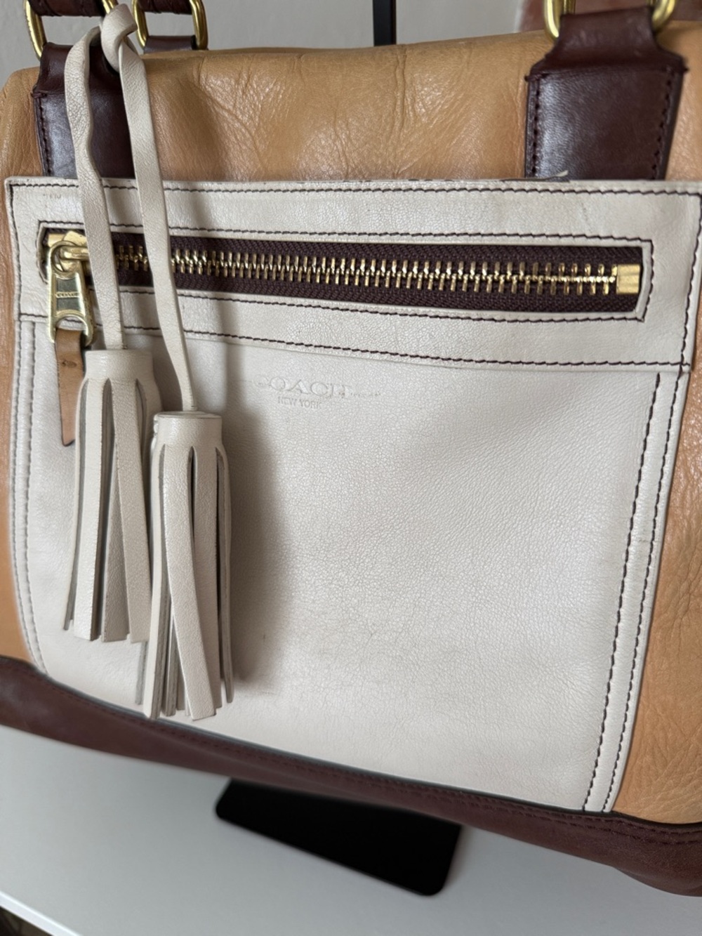 Coach Legacy Leather Satchel Colorblock Tan Cream Brown Tassel Shoulder Bag - Picture 2 of 7